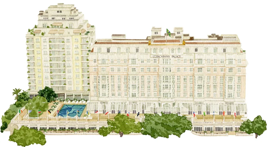 Aquarell des Copacabana Palace, eines Hotels von Belmond, mit Pool und Pool Wing