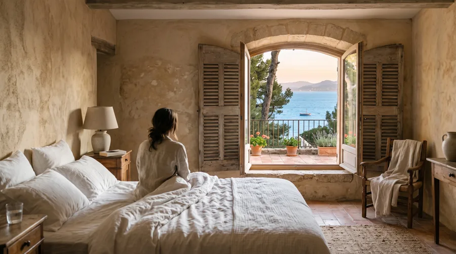 Ein Schlafzimmer der Villa Les Pins