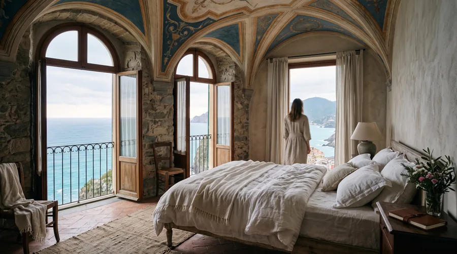 Ein Schlafzimmer der Casa Scogliera